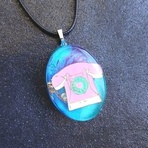 Pink telephone resin pendant with purple teal background 20" black necklace new